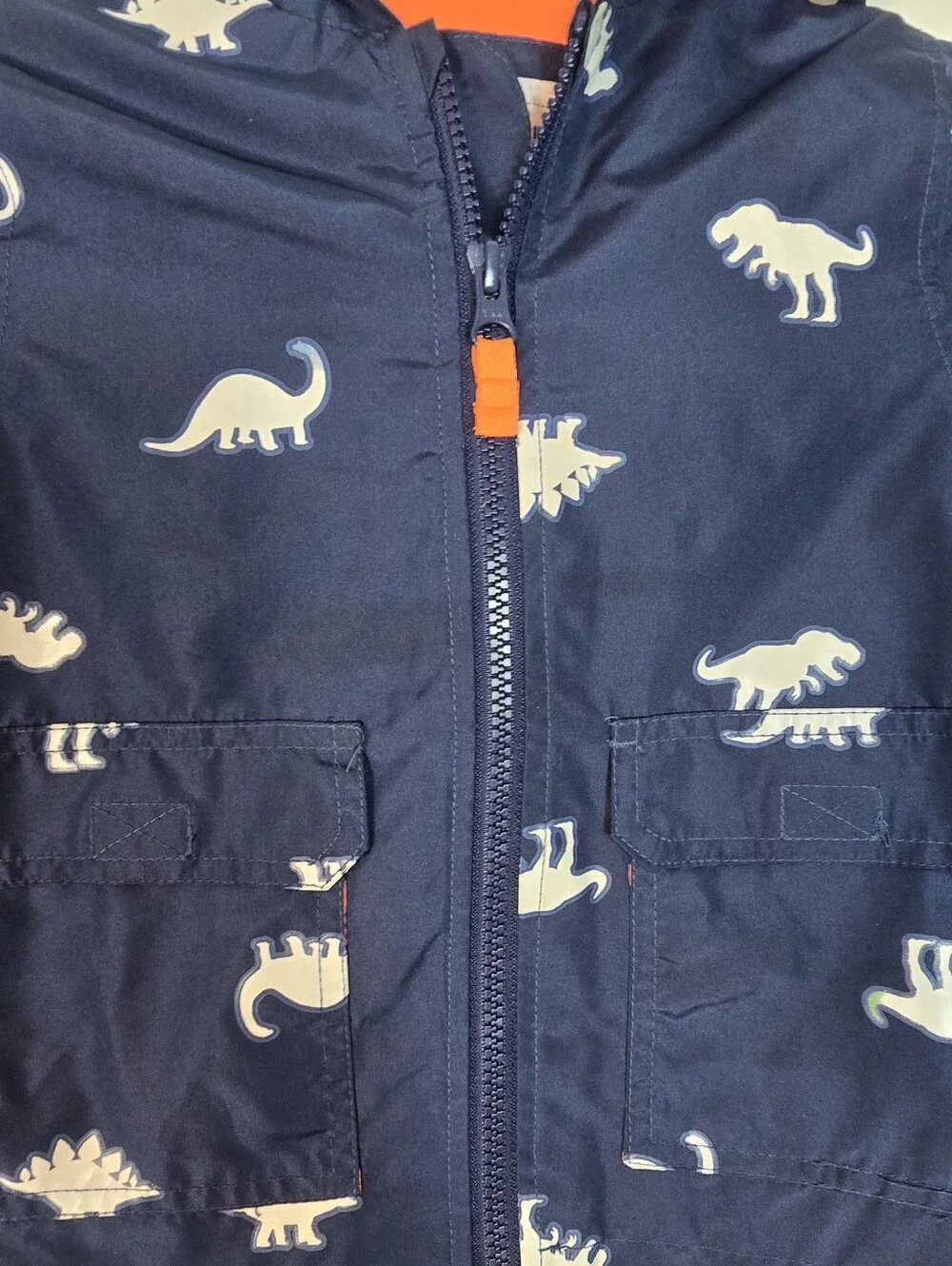 Carter's Navy Hooded Raincoat with Orange Lining and White Dino Print